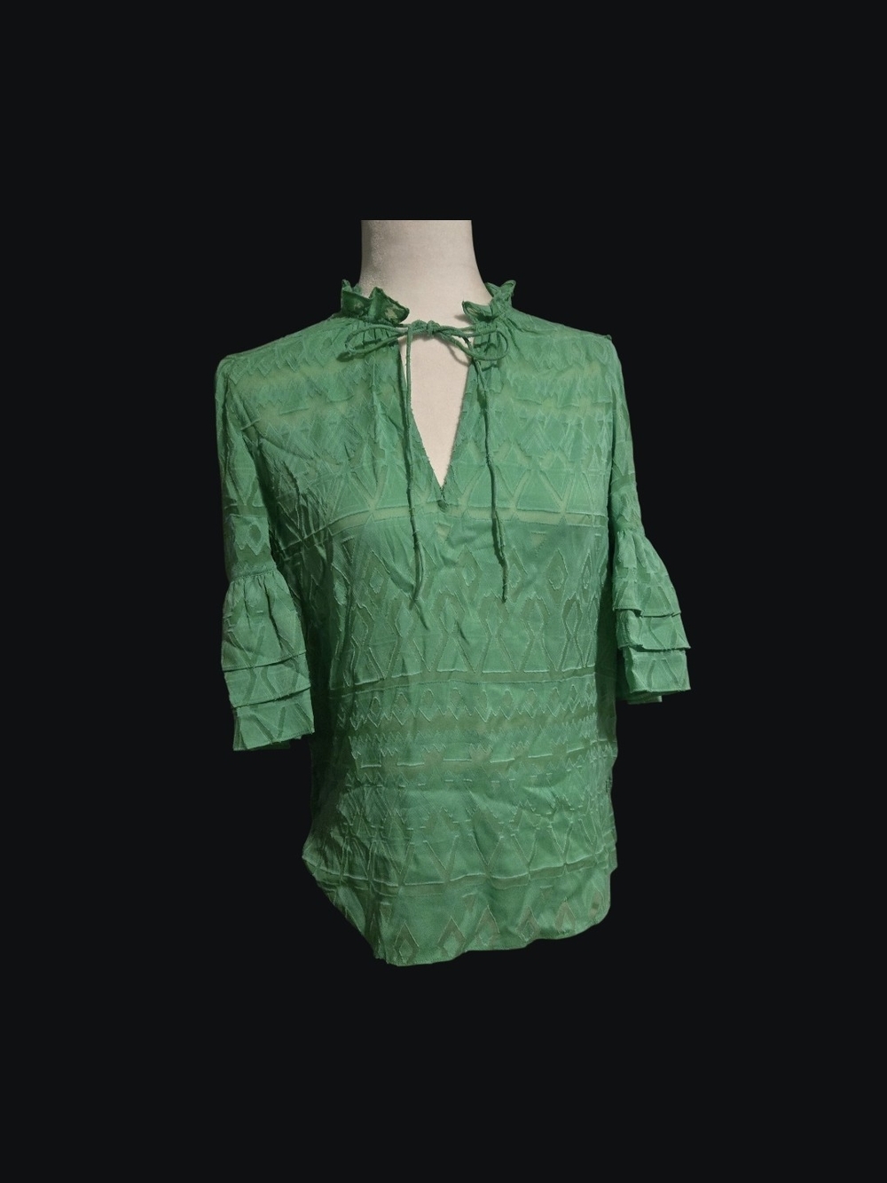 Rose & Olive Emerald Tie-Neck Ruffle Sleeve Blouse